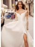 Off Shoulder Ivory Satin V Back Slit Wedding Dress